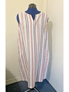Liz Claiborne Women's XL Striped Linen Blend Shift Dress Pockets Beachy Resort